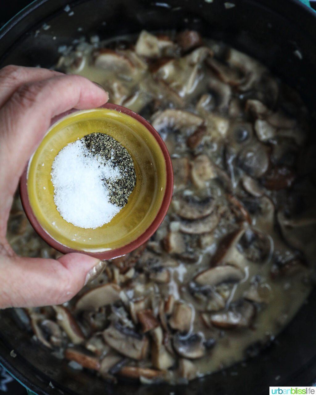 hand holding a bowl of salt and pepper over a pot of mushrooms.