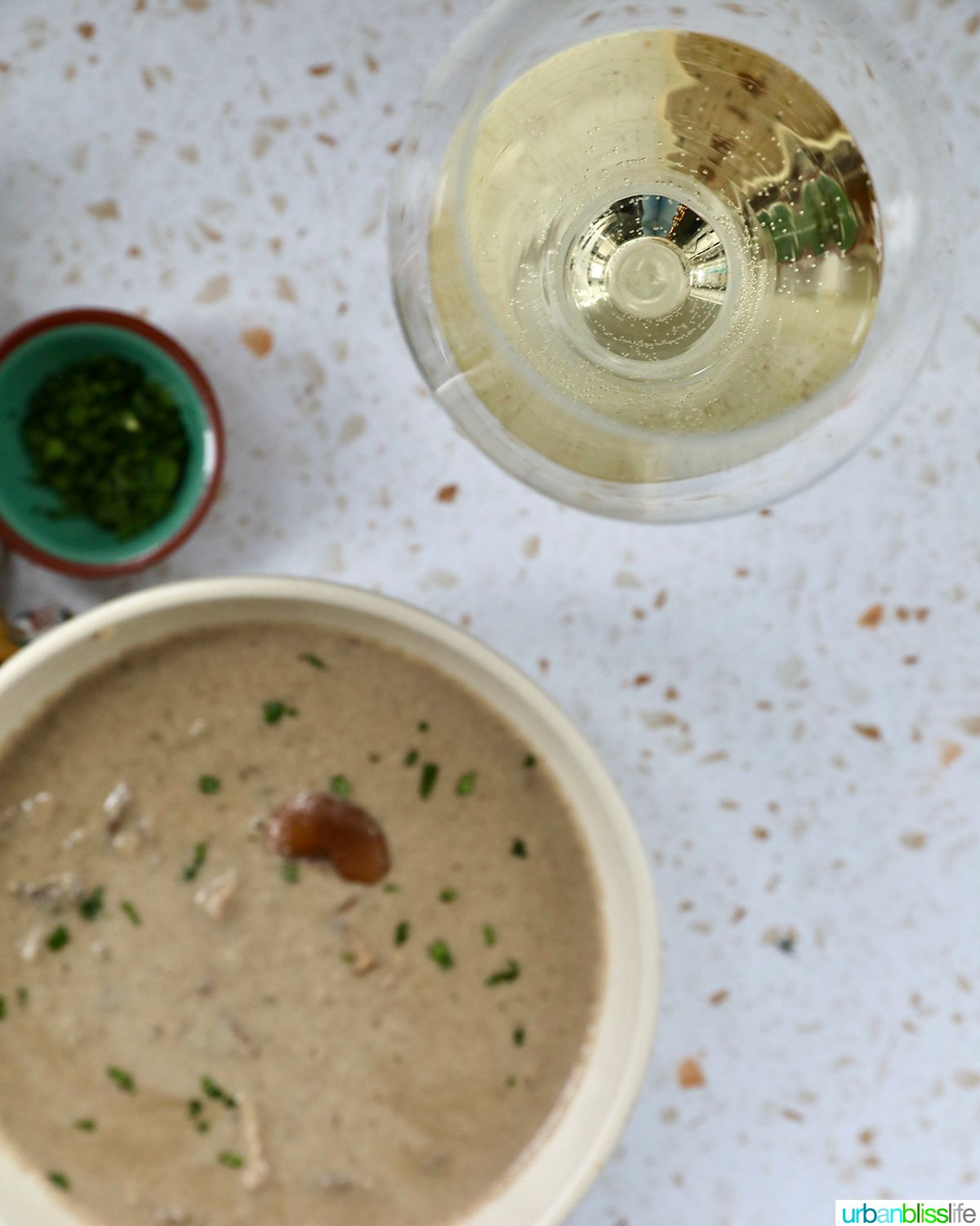 dairy free mushroom soup with glass of white wine.