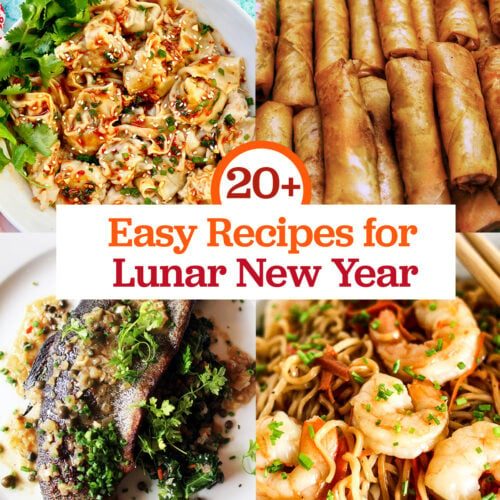 shrimp lo mein, lumpia spring rolls, trout meuniere, shrimp lo mein and title text overlay.