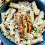Bowl of garlic chicken parmesan pasta.