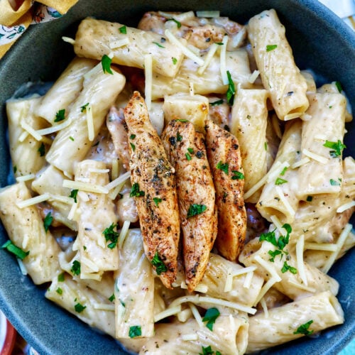 Bowl of garlic chicken parmesan pasta.