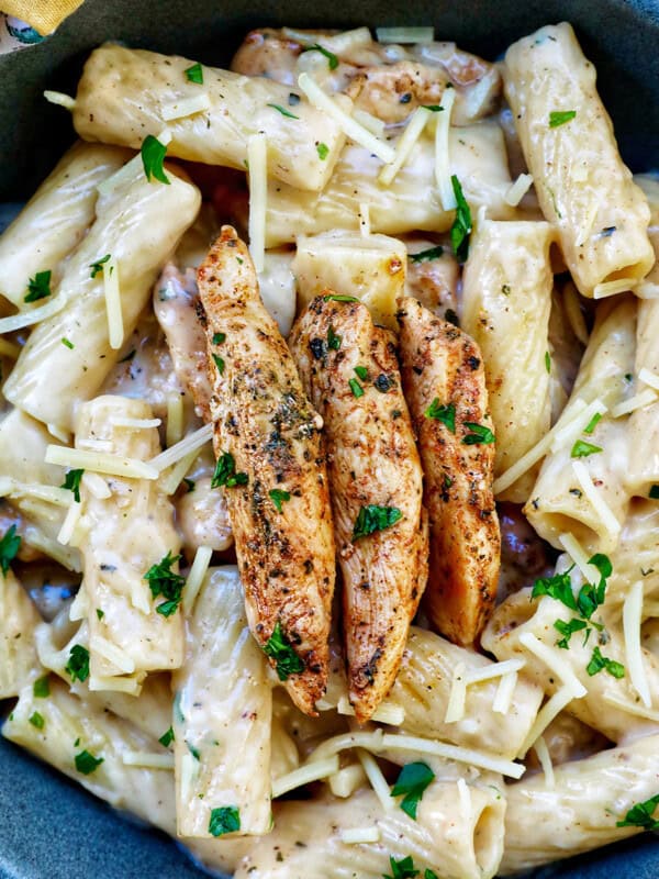 Bowl of garlic chicken parmesan pasta.