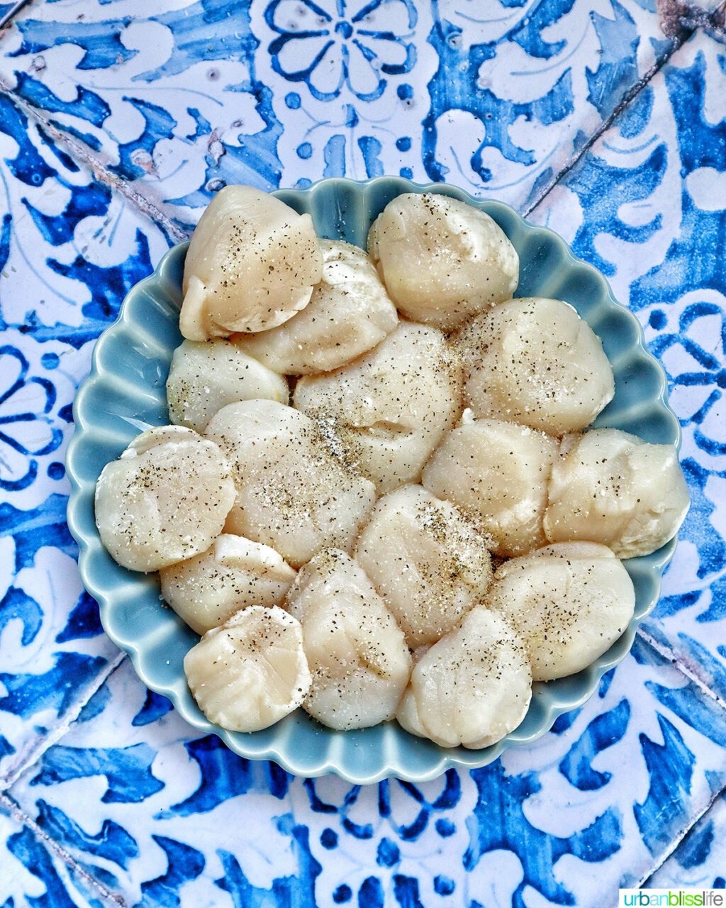 raw scallops seasoned on a plate and blue and white table.