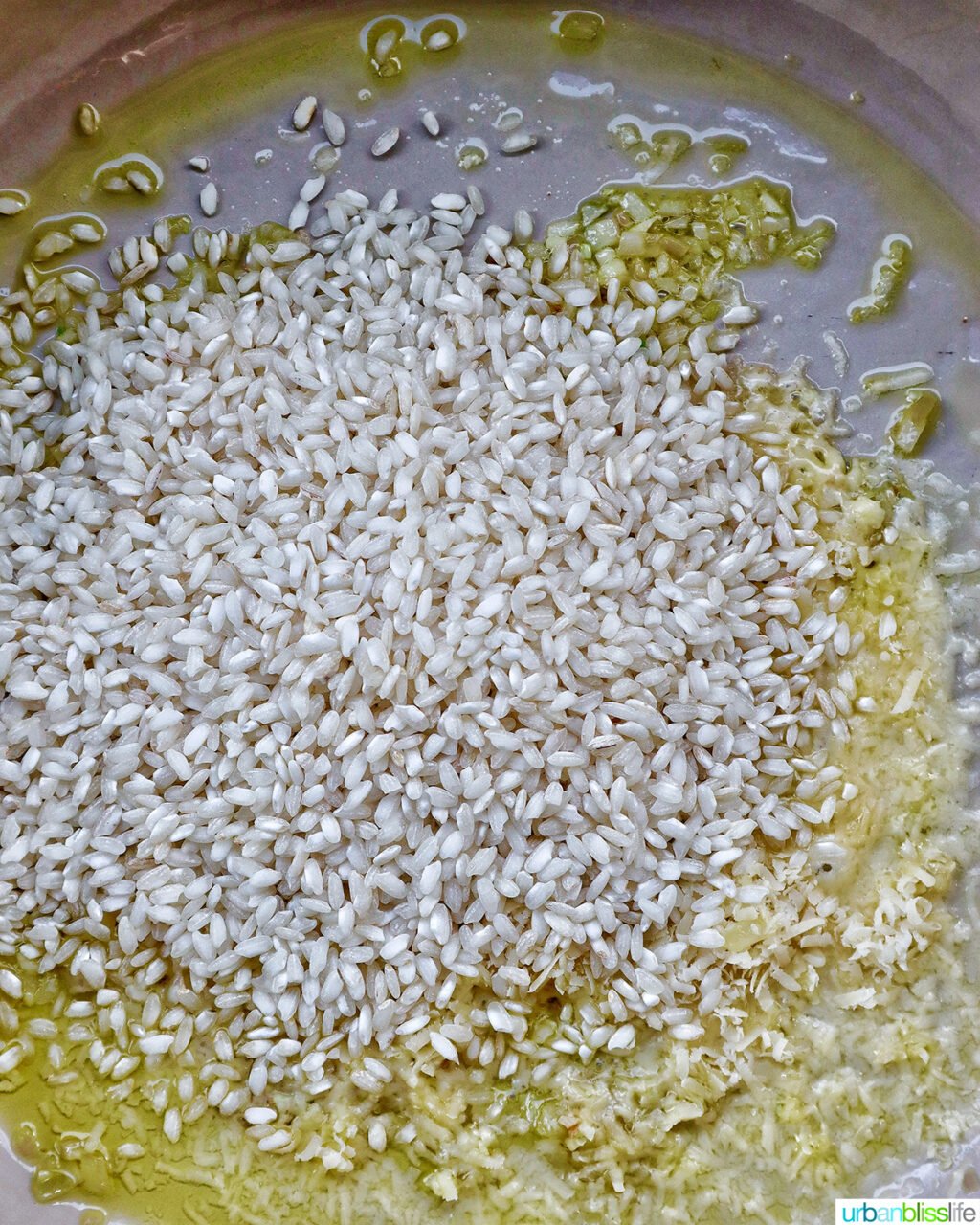 arborio rice in a pan.