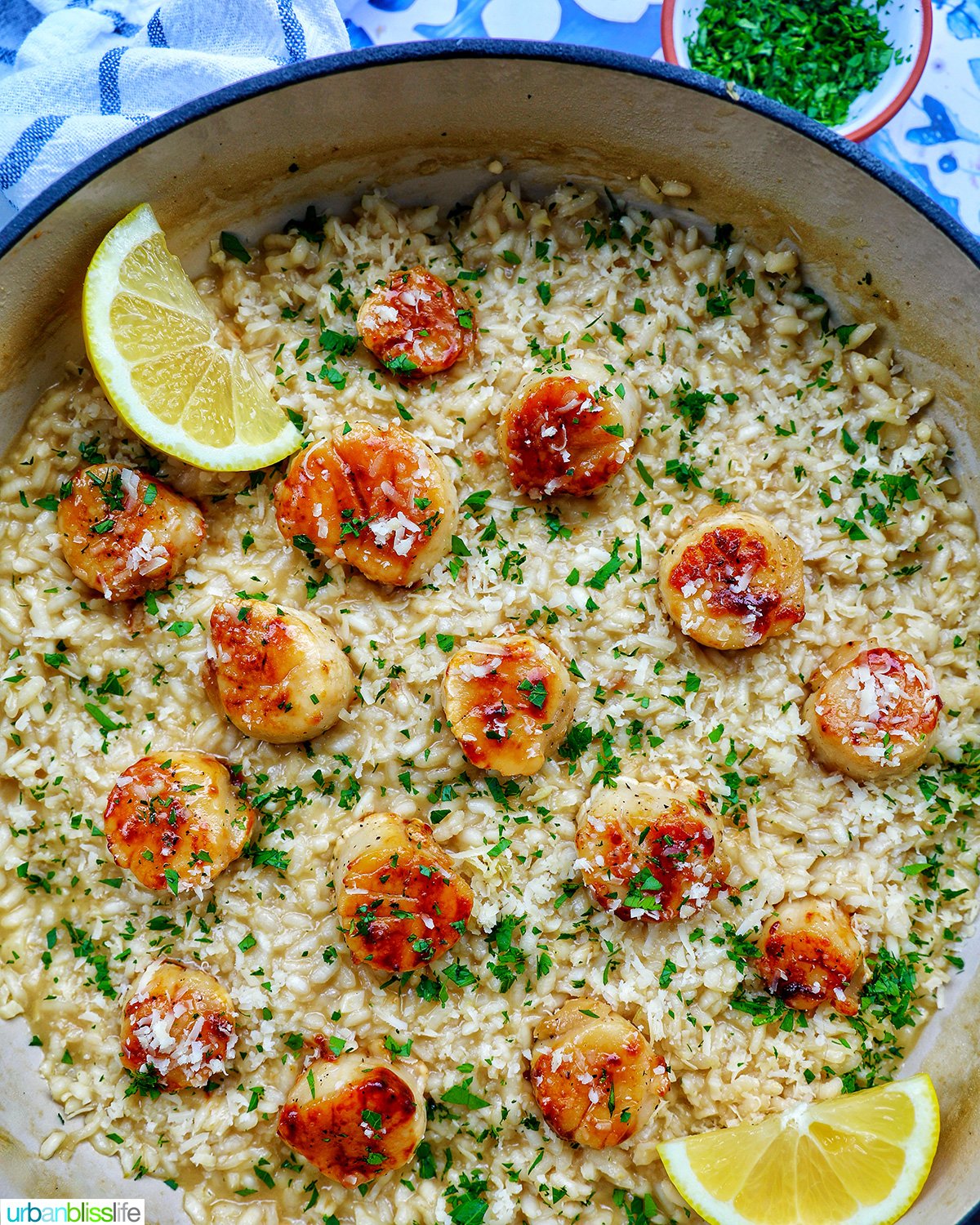 braising pan with scallop risotto with lemon wedge and parsley garnish.