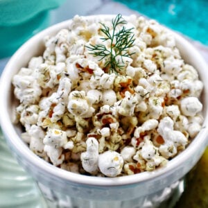 bowl of dill pickle popcorn.