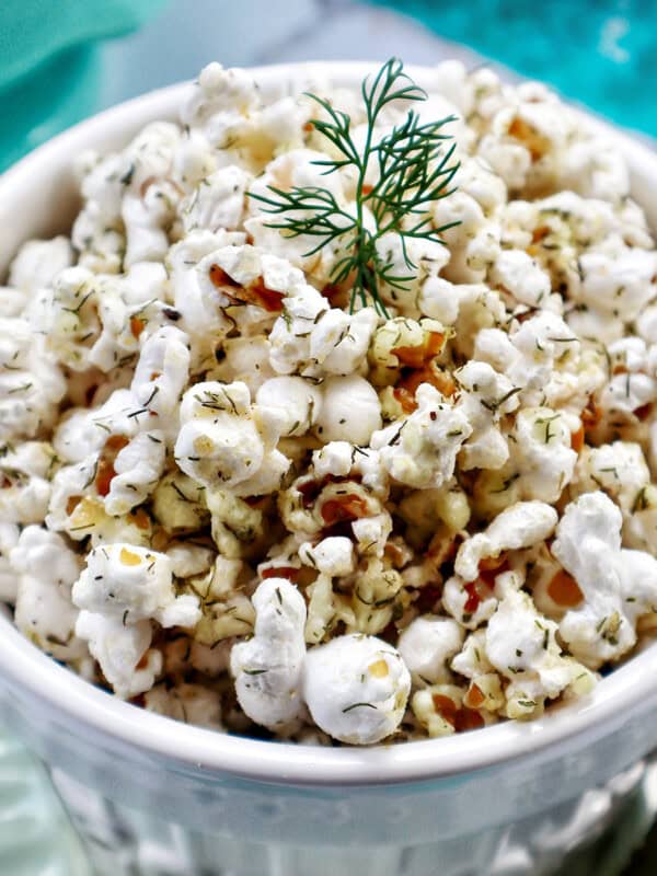 bowl of dill pickle popcorn.