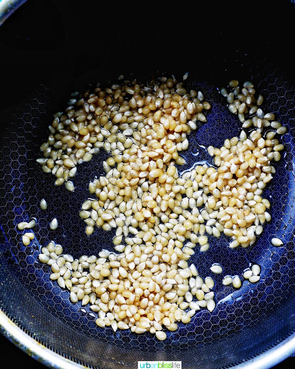 popcorn kernels uncovered in a pot.