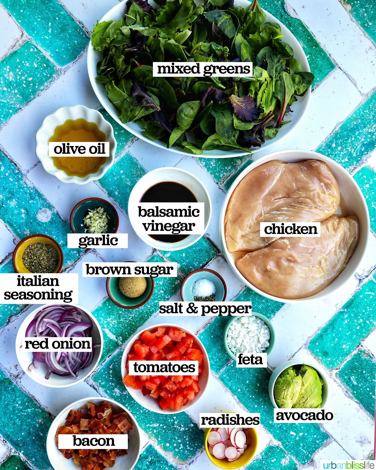 bowls of ingredients to make Balsamic Chicken Salad.