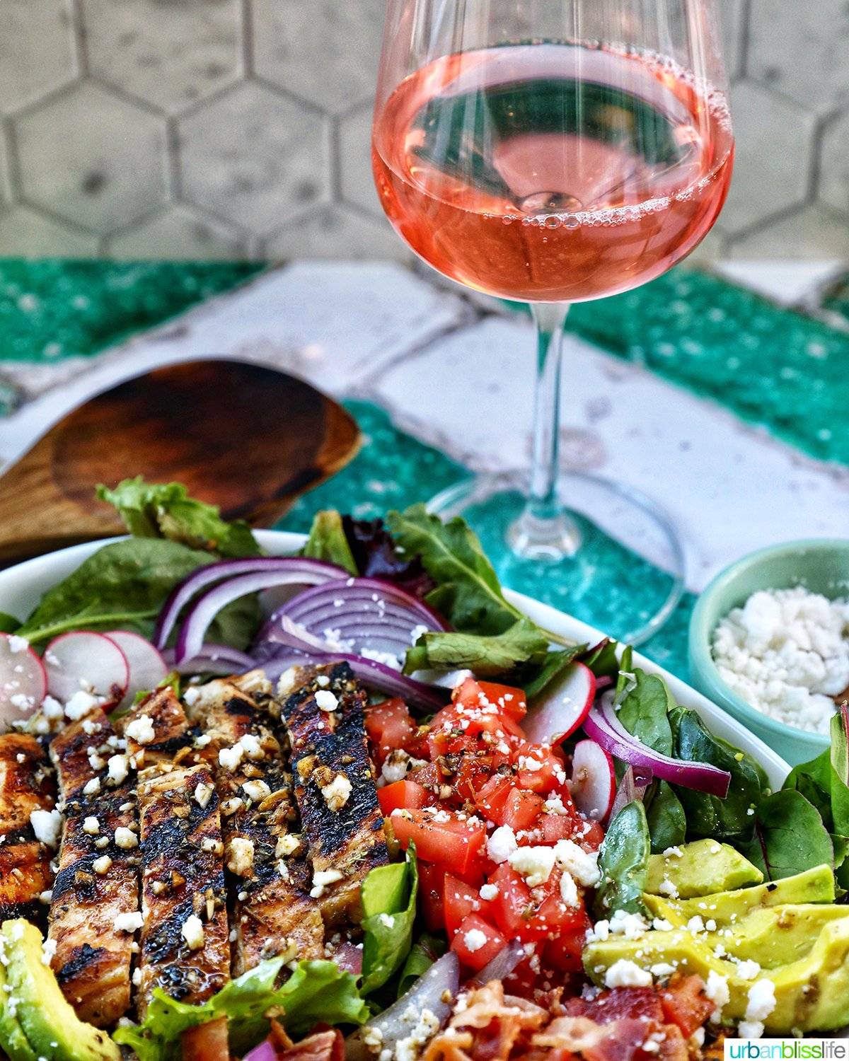 Balsamic Chicken Salad with glass of rosé wine.