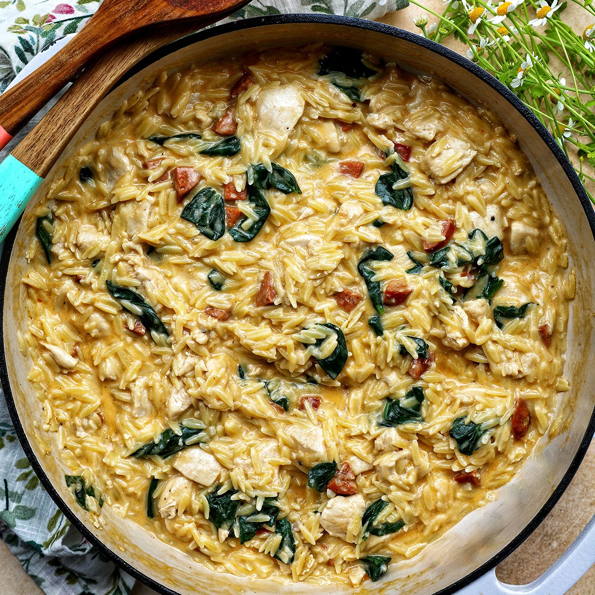 chicken and chorizo orzo in a pan.