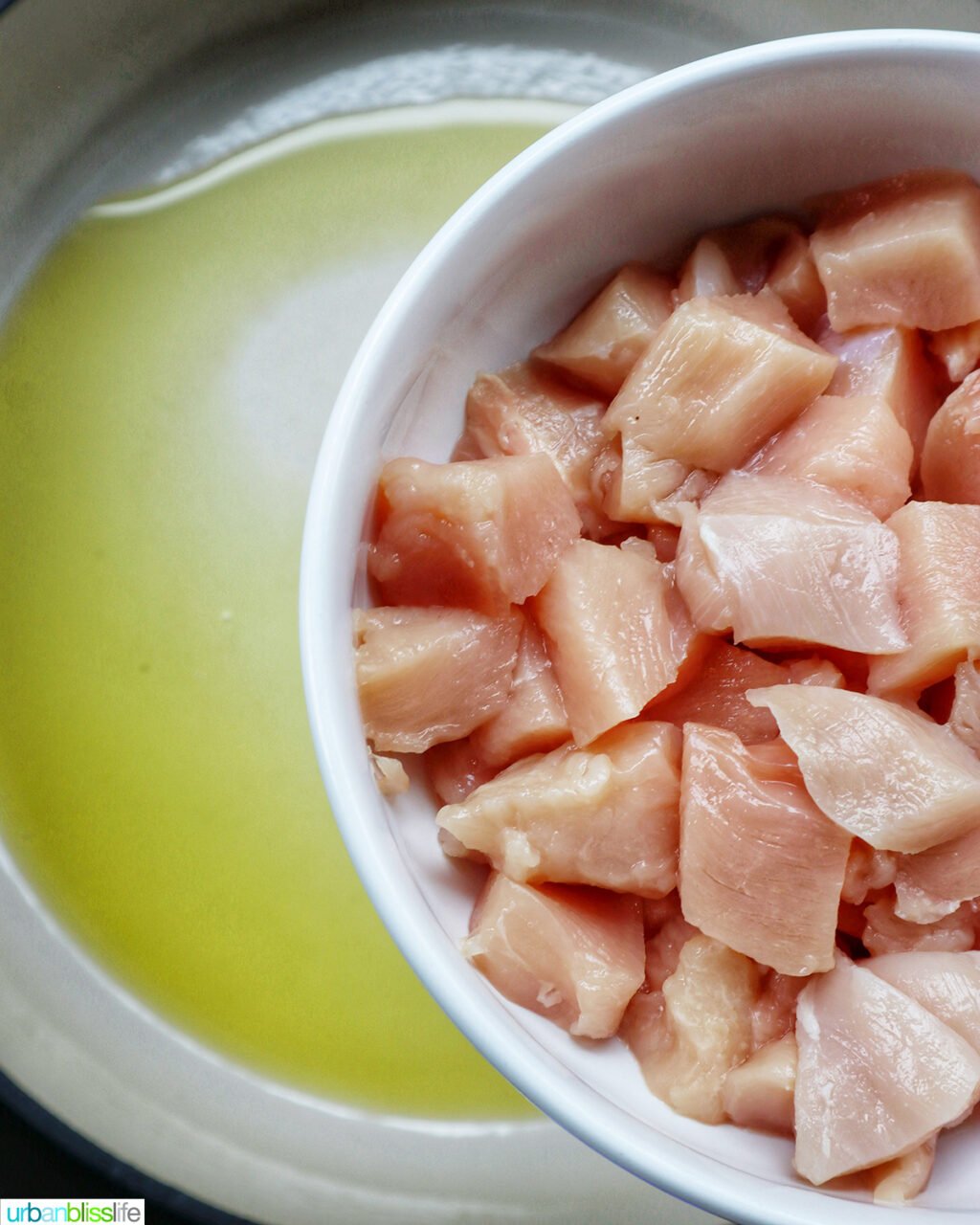 bowl of cubed chicken over a pan.