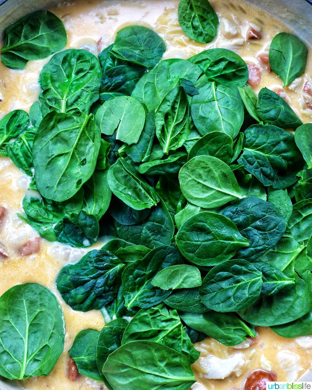 adding spinach to chicken chorizo orzo in a pan.