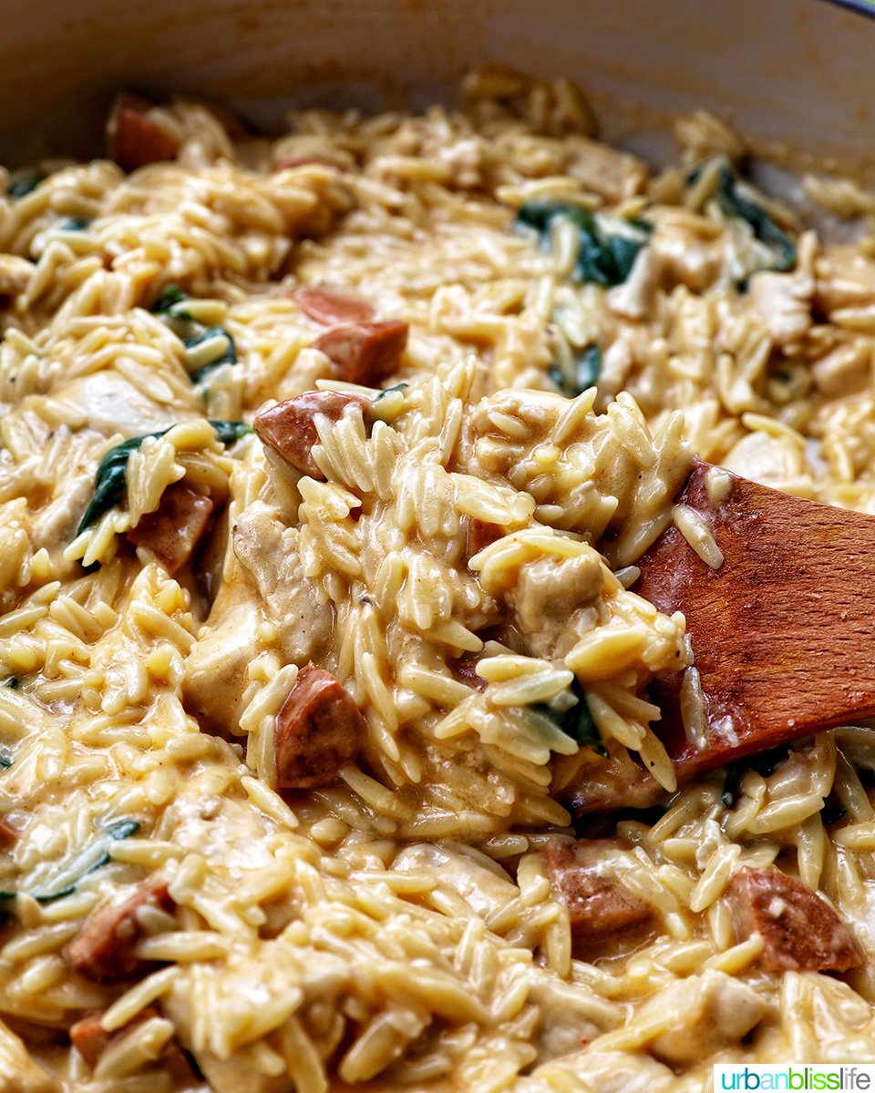 wooden spoonful of chicken and chorizo orzo.