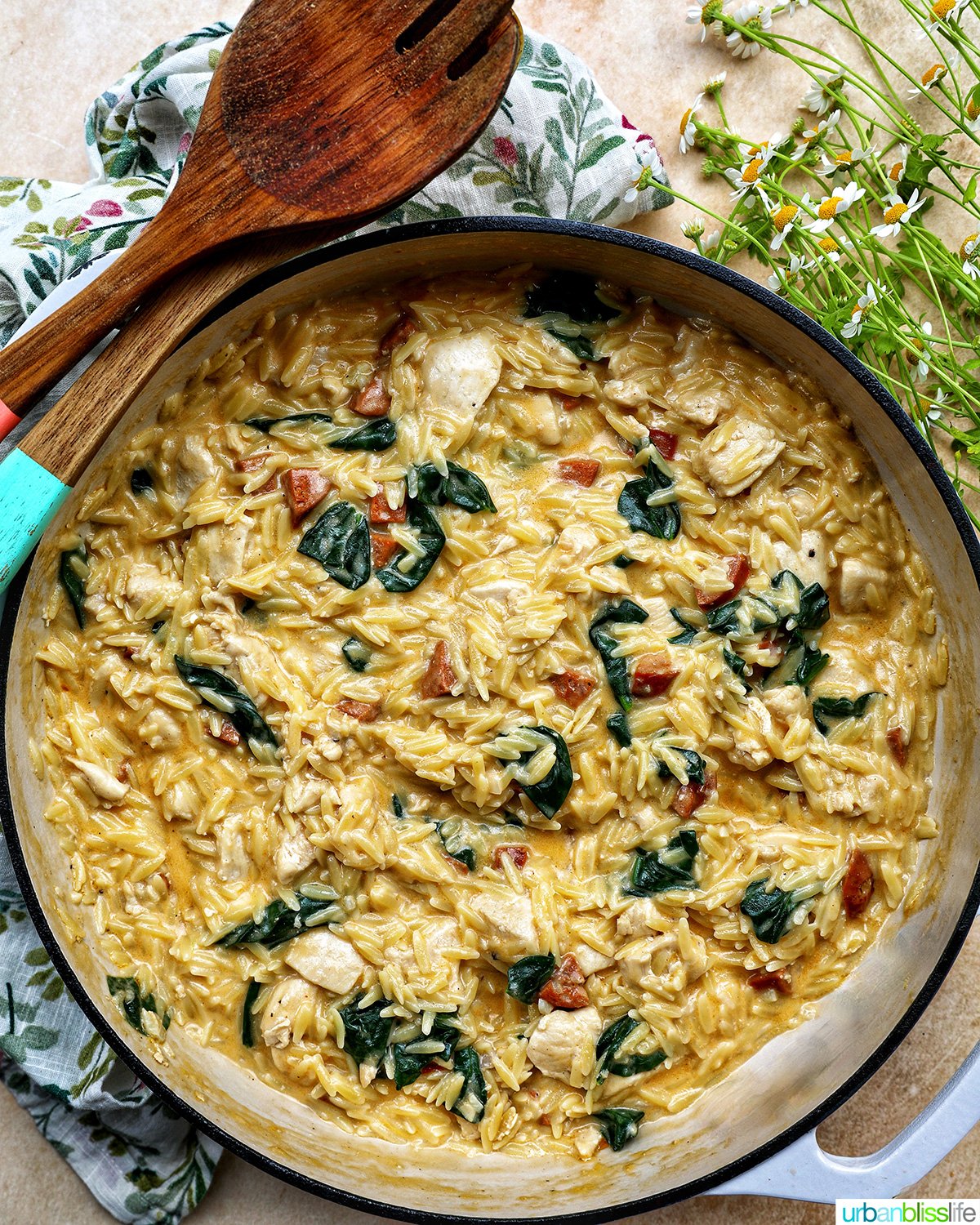 chicken and chorizo orzo in a pan.
