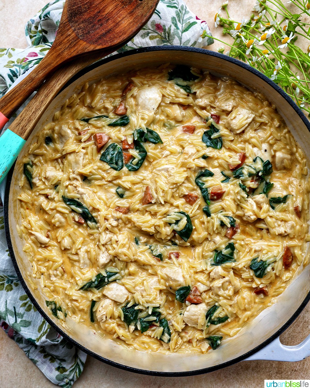 chicken and chorizo orzo in a pan.