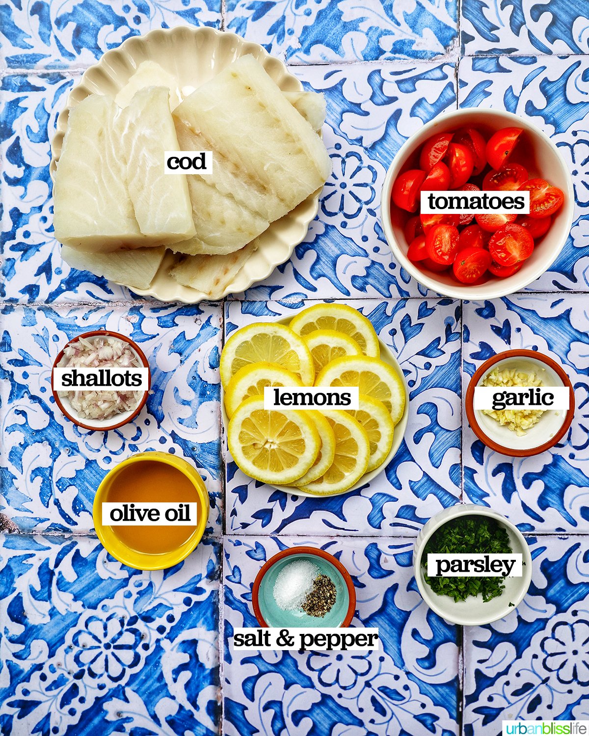 bowls of ingredients to make Cod en Papillote.