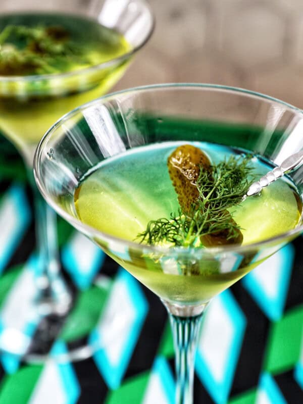 glasses of dill pickle martinis.