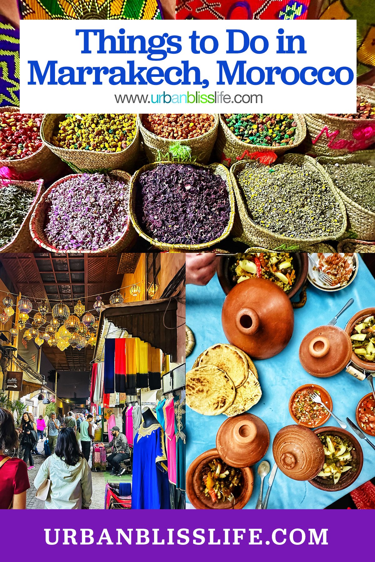 spices, souks, and tagines with title text overlay "Things to Do in Marrakech, Morocco"
