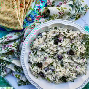 bowl of chicken tzatziki salad with side of pita bread.