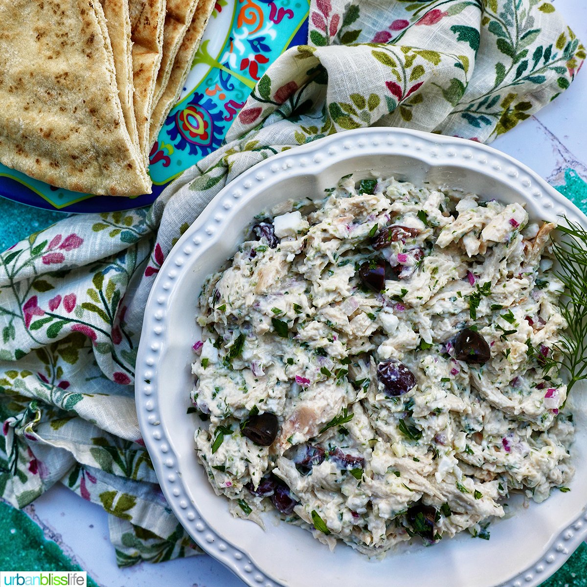 bowl of chicken tzatziki salad with side of pita bread.