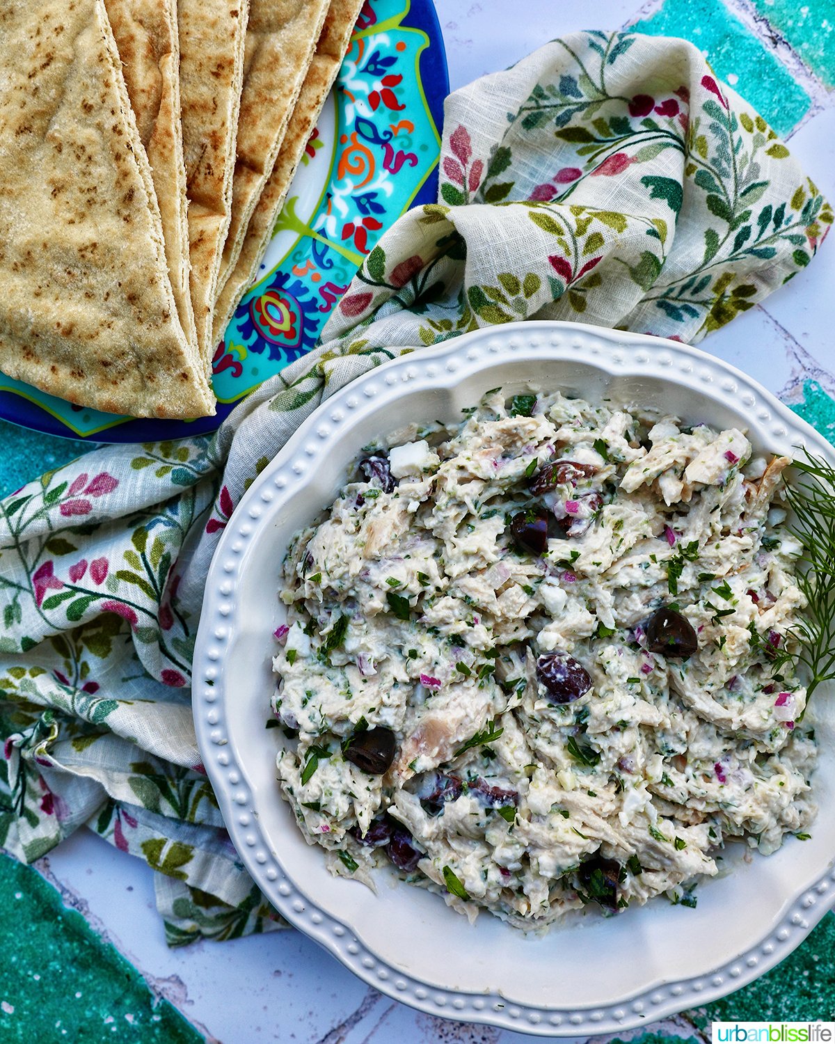 bowl of chicken tzatziki salad with side of pita bread.