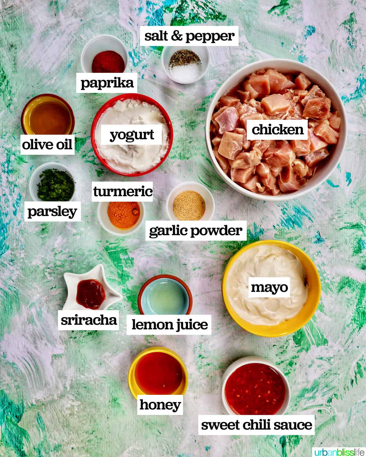 ingredients to make bang bang chicken skewers.
