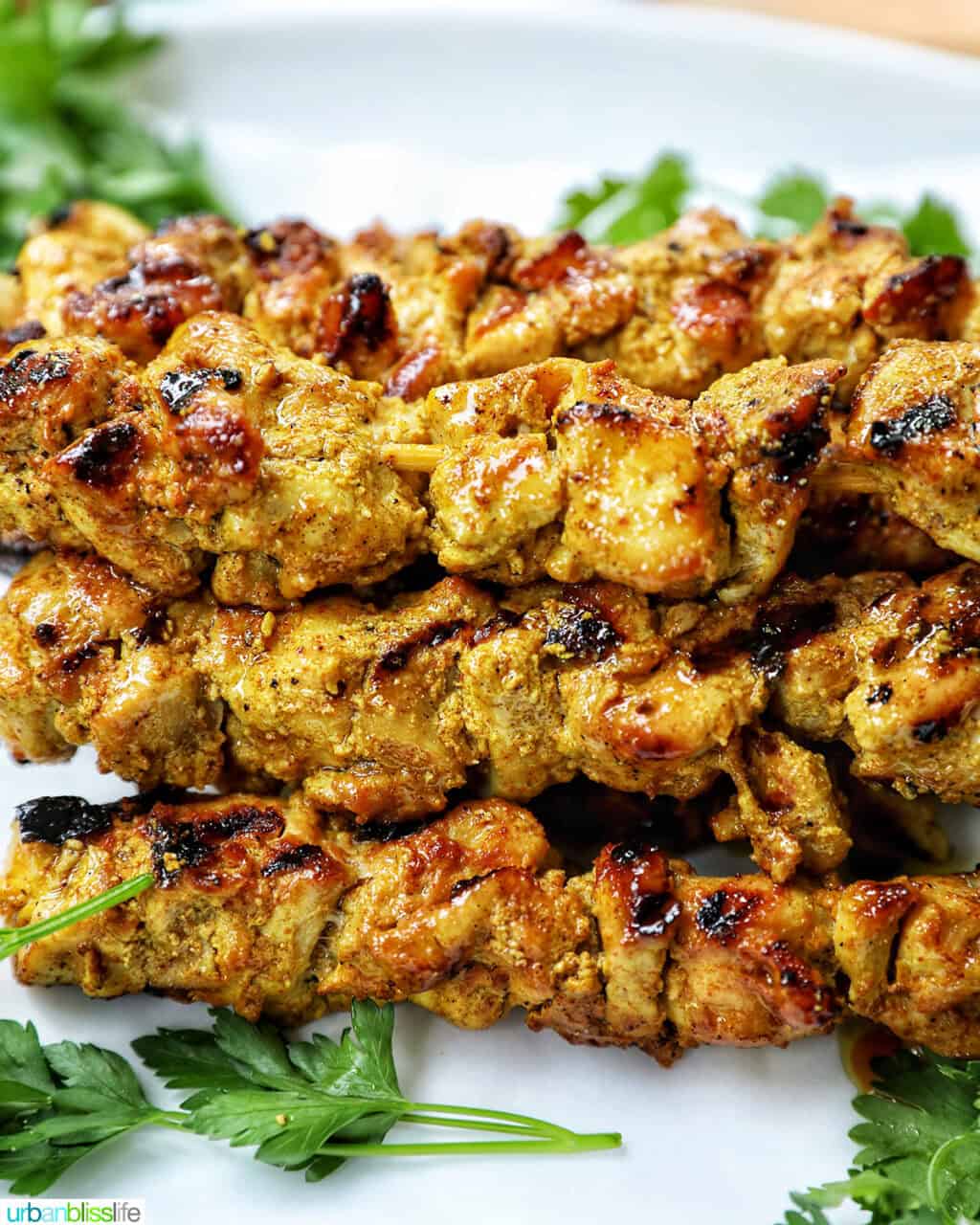 chicken skewers stacked.