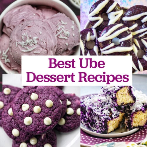 ube ice cream, ube donuts, ube cookies, ube bars with title text overlay "Best Ube Dessert Recipes"