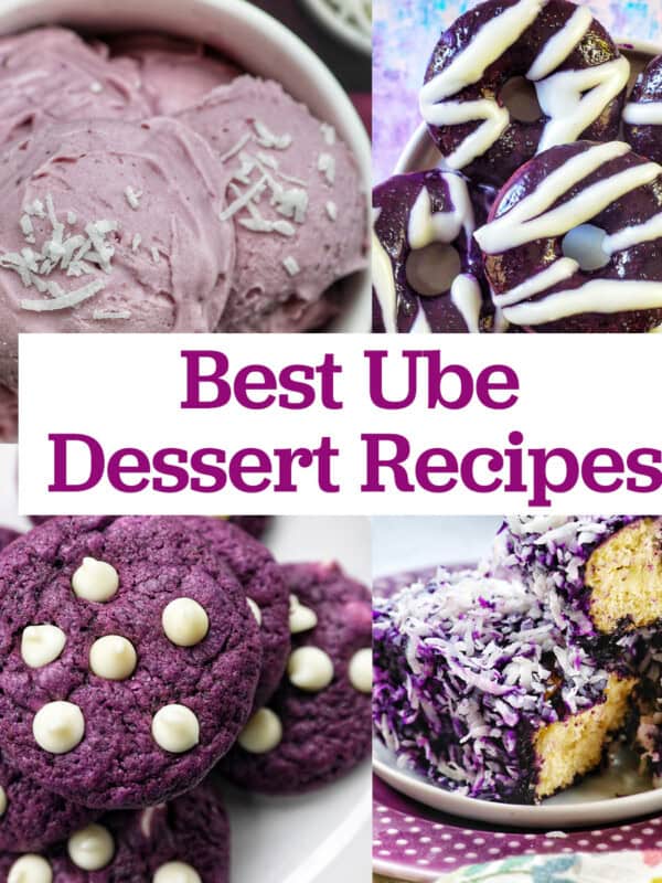 ube ice cream, ube donuts, ube cookies, ube bars with title text overlay "Best Ube Dessert Recipes"