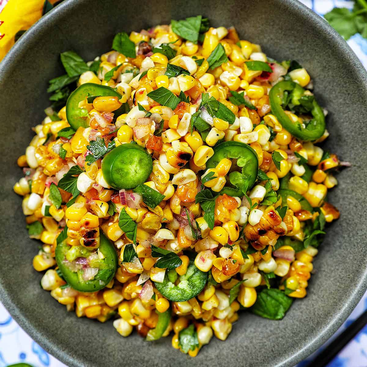 bowl of charred corn salad.