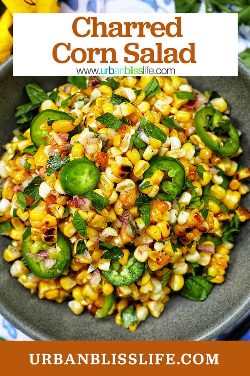 bowl of charred corn salad with title text overlay.