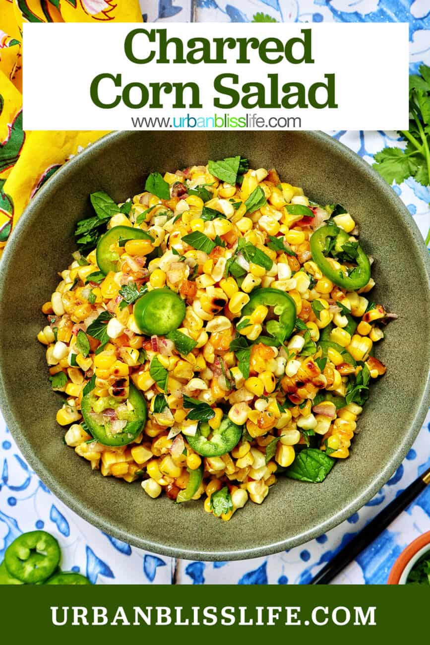 bowl of charred corn salad with title text overlay.