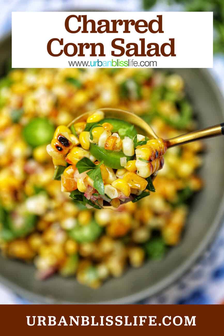 bowl of charred corn salad with title text overlay.