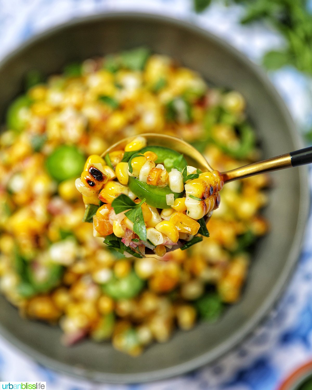 spoonful of charred corn salad over a bowl.