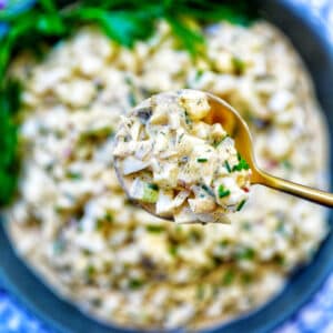 spoonful of egg salad over a bowl of dill pickle egg salad.