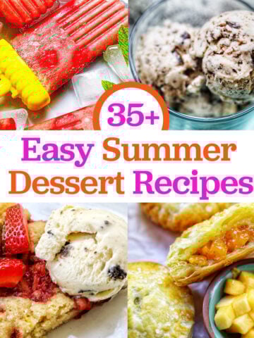 strawberry rhubarb popsicles, chocolate chip ice cream, strawberry spoon cake, and peach mango pies with title text overlay.
