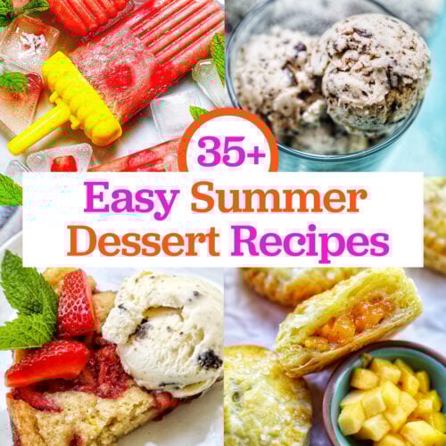 strawberry rhubarb popsicles, chocolate chip ice cream, strawberry spoon cake, and peach mango pies with title text overlay.