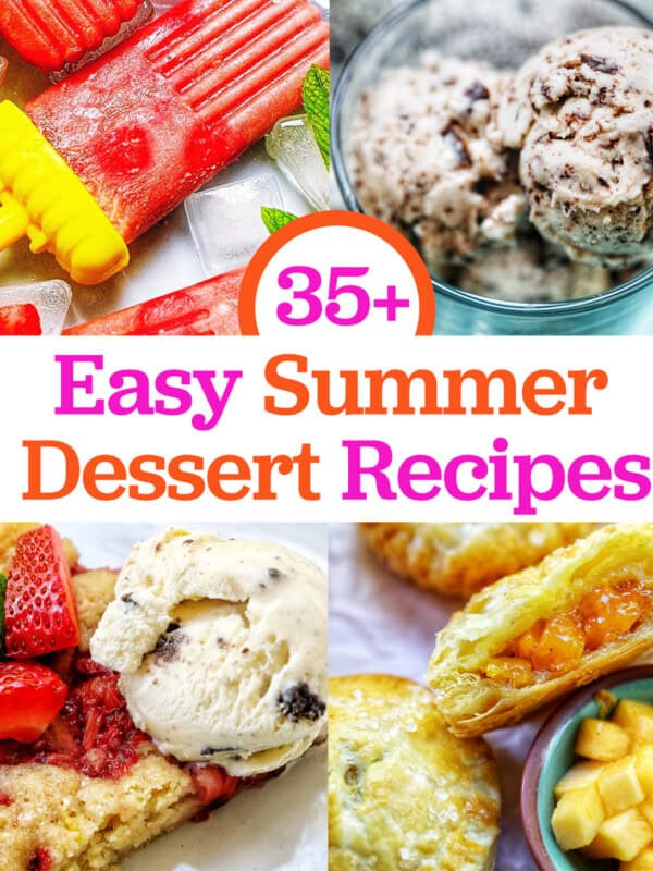 strawberry rhubarb popsicles, chocolate chip ice cream, strawberry spoon cake, and peach mango pies with title text overlay.