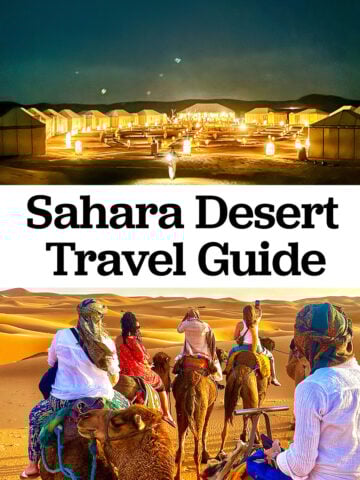 Sahara Desert camp and camel trek with title text overlay.