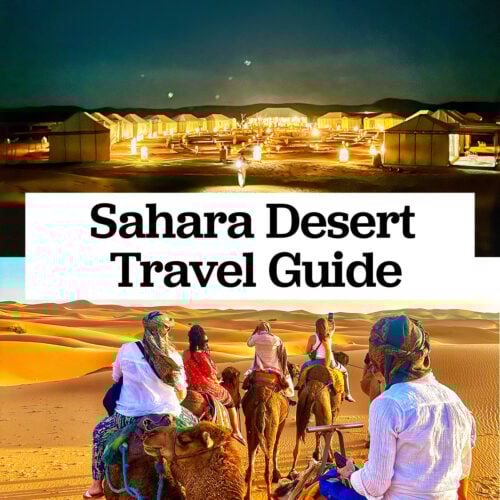 Sahara Desert camp and camel trek with title text overlay.