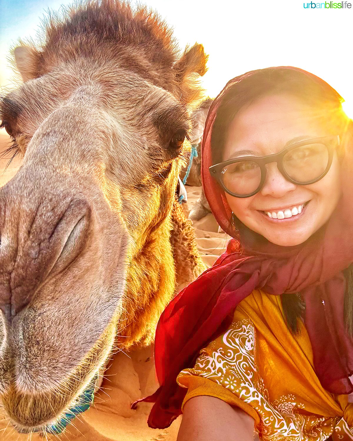 Marlynn Jayme Schotland with camel in the sahara desert in Morocco.