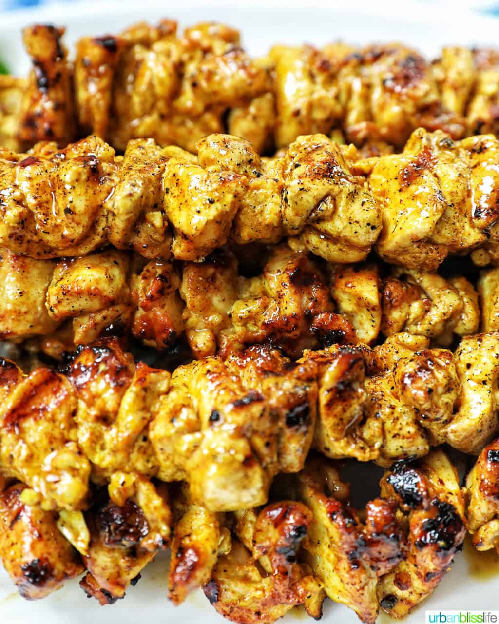 closeup of tandoori chicken skewers.