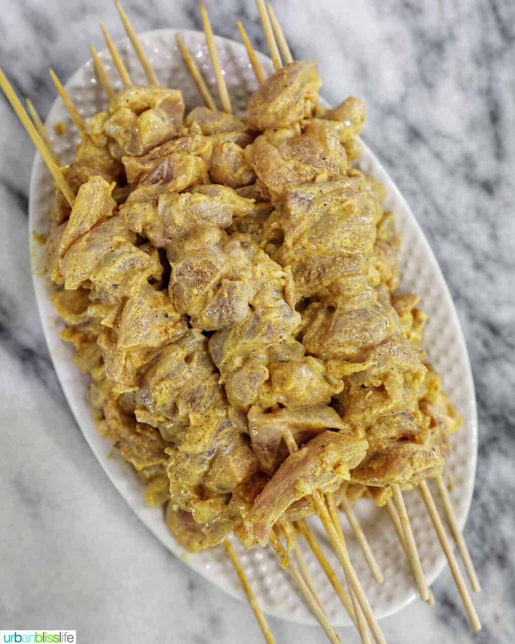 tandoori chicken skewers uncooked on a plate.