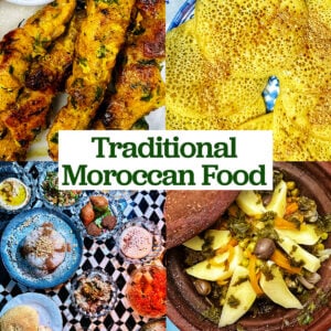 moroccan chicken skewers, moroccan pancakes, colorful plates of moroccan food, and chicken tagine with title text overlay.