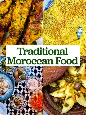moroccan chicken skewers, moroccan pancakes, colorful plates of moroccan food, and chicken tagine with title text overlay.