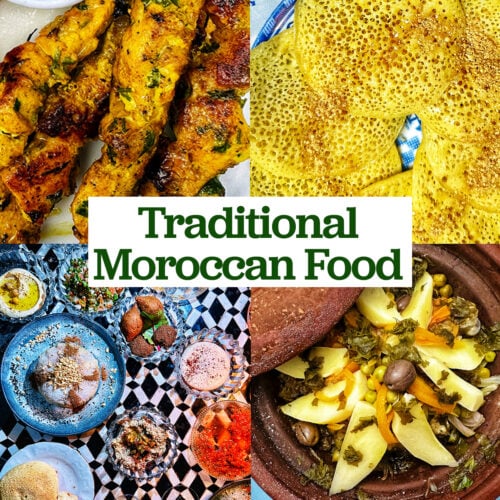 moroccan chicken skewers, moroccan pancakes, colorful plates of moroccan food, and chicken tagine with title text overlay.