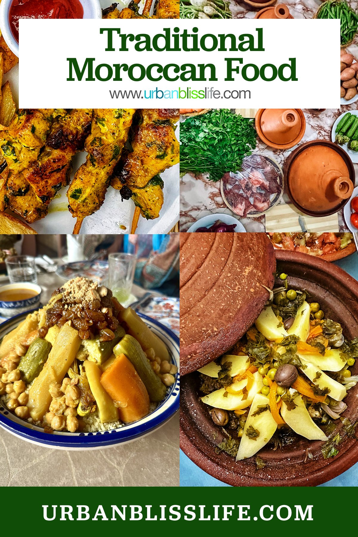 moroccan chicken skewers, moroccan pancakes, colorful plates of moroccan food, and chicken tagine with title text overlay.