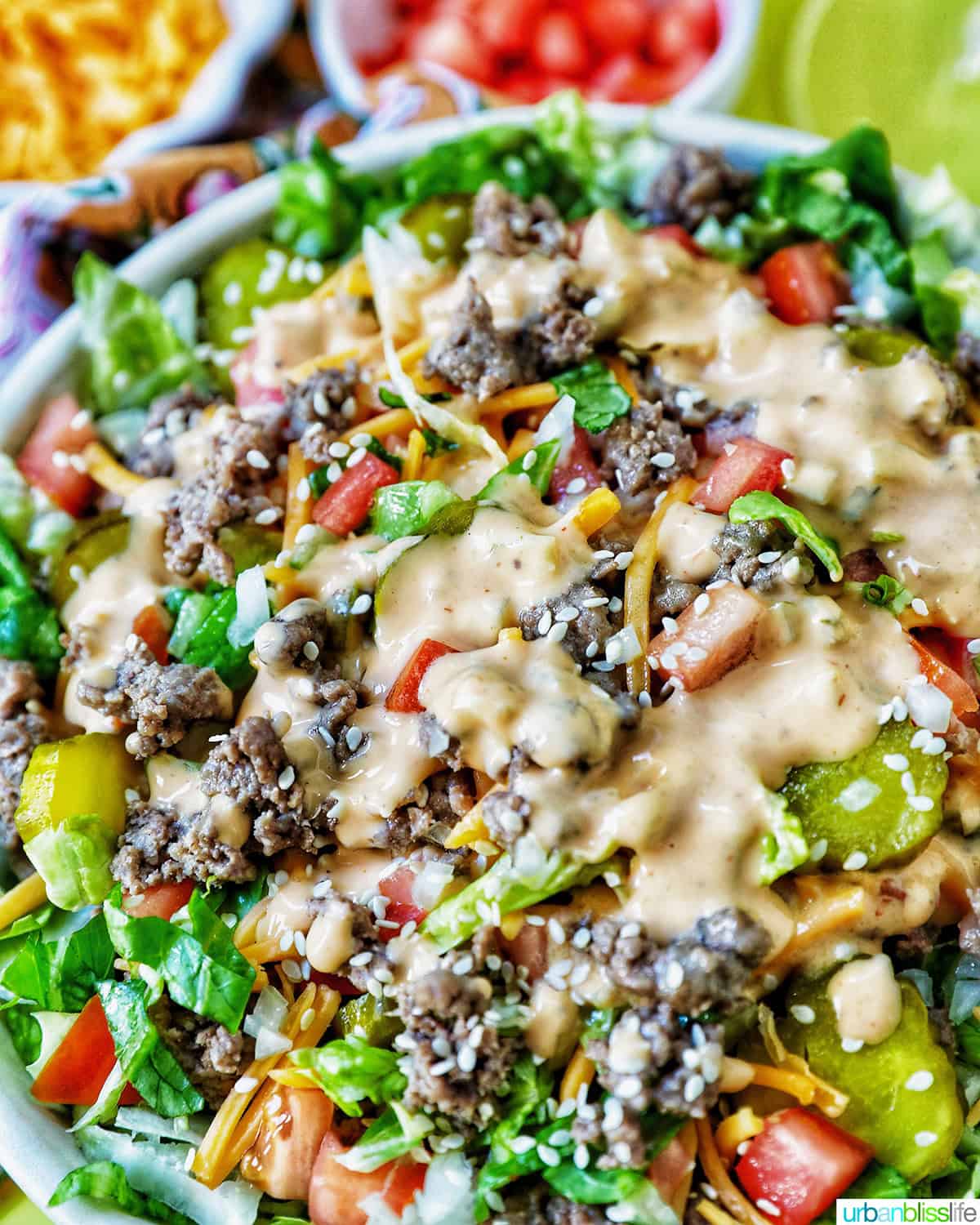 big bowl of Big Mac salad with toppings and Big Mac burger sauce dressing.