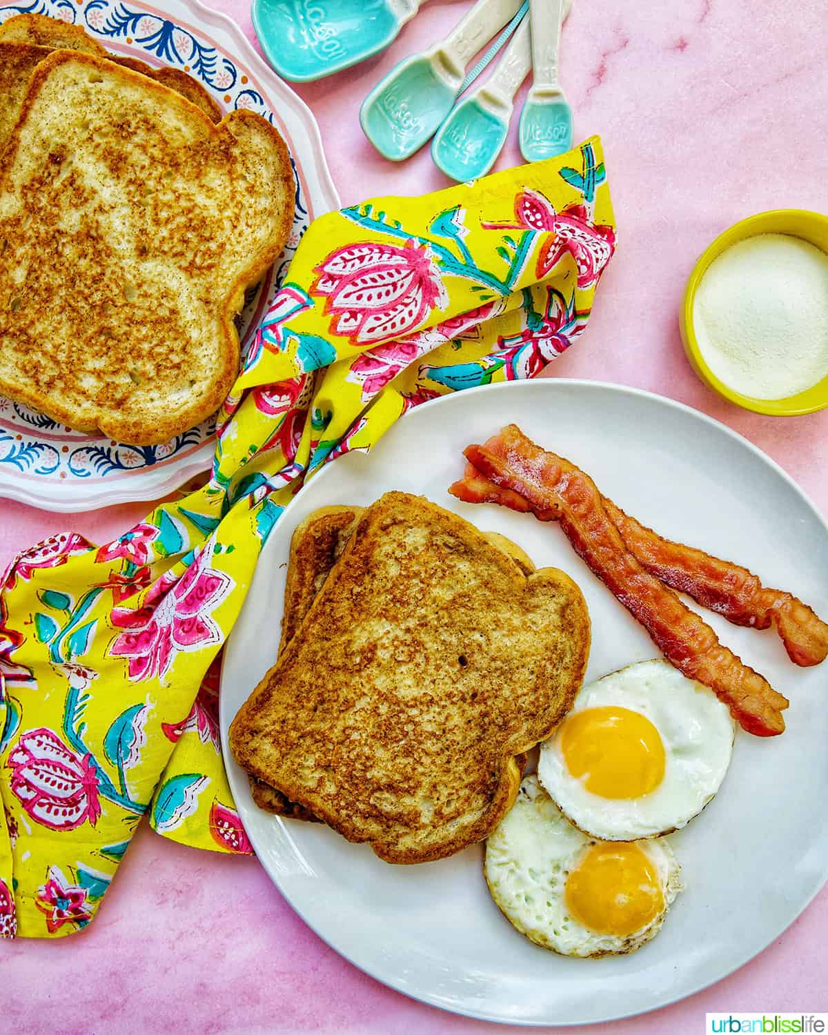 high protein french toast with bacon and eggs.